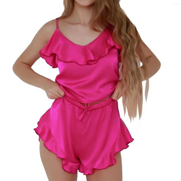 Mulheres Sleepwear Ruffle Cetim Pijama Set Mulheres Sling Top e Shorts Ternos Cor Sólida Strappy Sexy Night Wear 2023 Meninas Rosa Sweety Sleep