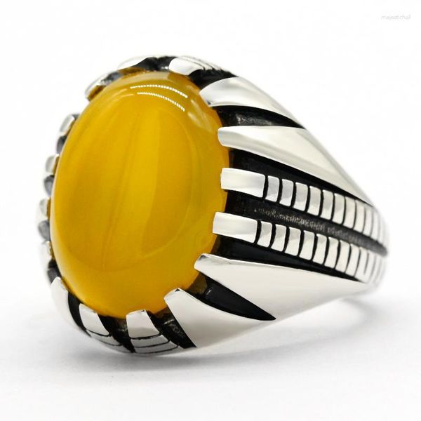 Кластерные кольца Желто -агат -каменное кольцо для мужчин 925 Серебряное серебряное панк -панк натуральный драгоценный камень Винтажный турецкий подарки ручной работы