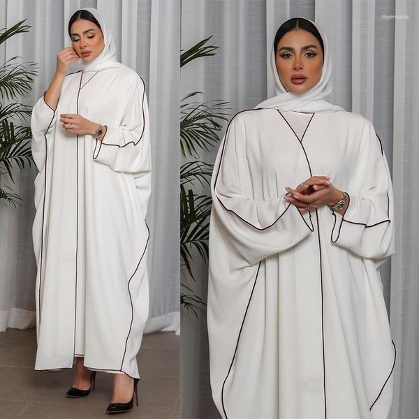 Этническая одежда Eid White Abaya Kimono, сшивая ледяная шелковая морщина, открытая абая для женщин Дубай Мусульманское платье Ислам Турция Кафтан Фамм