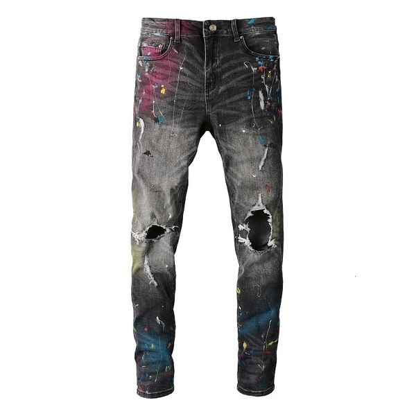 Jeans da uomo Jeans a goccia EU Jeans da uomo con baffi in difficoltà grigio chiaro Slim Fit Graffiti Fori danneggiati Jeans strappati dipinti elasticizzati 230827