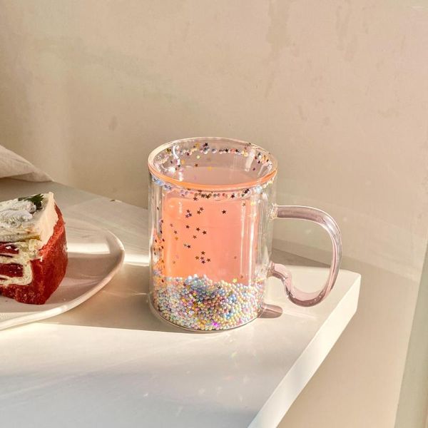 Bicchieri da vino Girly Heart Bubble Mug Tazza doppia in vetro Star Paillettes Caffè Manico tropicale resistente al latte Regalo piccolo