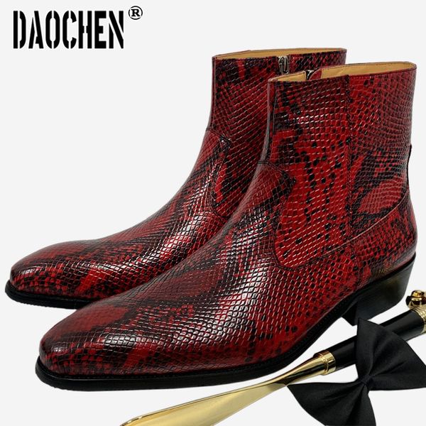 Botas de luxo marca masculina alta zíper midcalf deslizamento em python sapatos casuais vermelho branco básico couro genuíno homens 230826