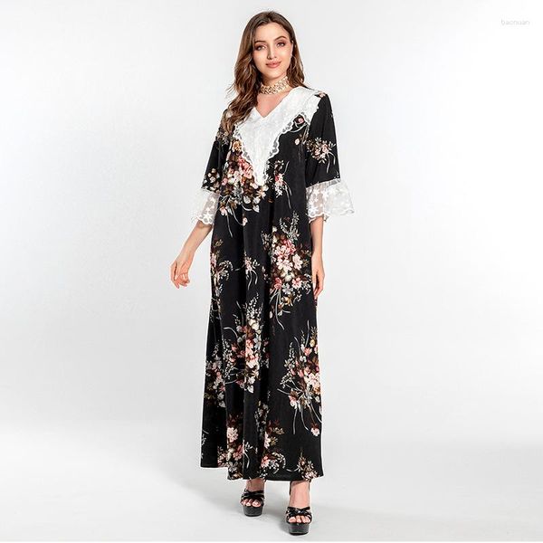 Ethnische Kleidung ICCLEK Sommer Blume Spitze Schwarz Vintage Dubai Abaya Für Frauen 2023 Kaftan Frau Marokkanische Robe Femme Musulmans