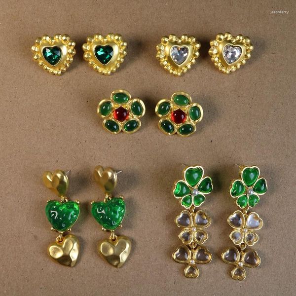 Brincos de garanhão verde resina fresca strass pingente em forma de coração flor folha jóias requintadas para mulheres