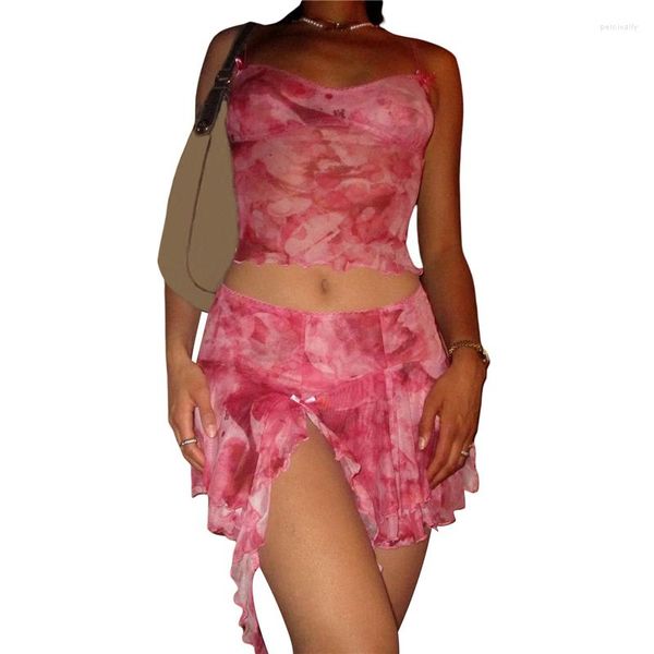 Vestidos de trabalho 2 peças conjunto roupa feminina y2k estética floral impressão/cor sólida cinta espaguete cami topo e plissado saia bainha assimétrica