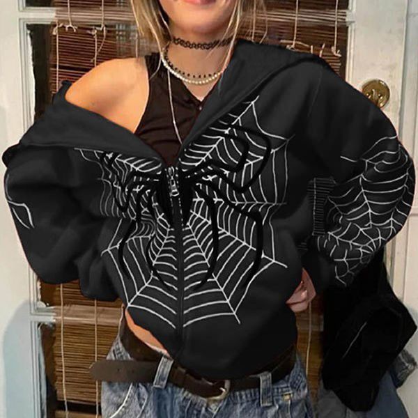 Hoodies das mulheres moletom com capuz escuro aranha teia impressa goth preto moletom com capuz zíper streetwear jaqueta de grandes dimensões homens e mulheres com capuz interessante 230826