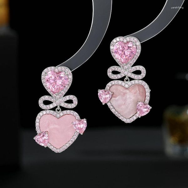 Orecchini pendenti Rosa Love Heart S925 Argento Ago Dichiarazione Bowknot Orecchini Temperamento coreano Gioielli di marca con pietra CZ