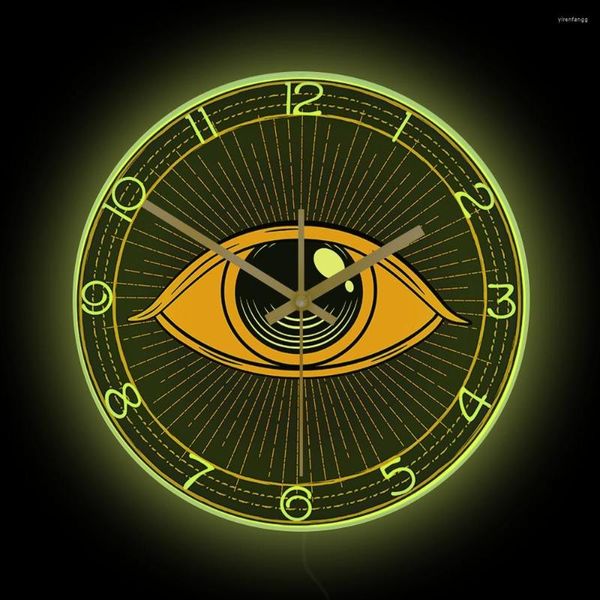 Relógios de parede Símbolo oculto Masonic Eye Artwork Luminoso Relógio Abstrato Tudo Vendo Manson Ocultismo Decoração de Casa Brilhante LED Relógio
