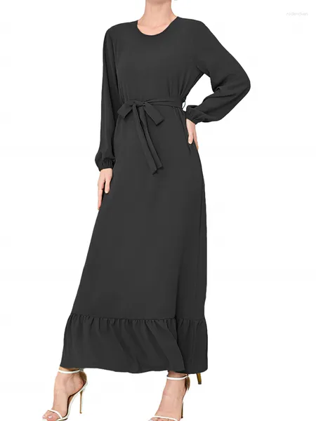 Roupas étnicas Preto Manga Longa Maxi Vestido Mulheres Elegantes Slim Abayas Dubai Árabe Turquia Muçulmana Robe Marroquino Vestidos Ramadan Islâmico