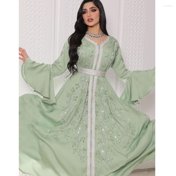 Ethnische Kleidung Wepbel Fix Strass Kaftan Robe Kleid Islamische Maxi Party Abaya Muslimisches Kleid Langarm Hohe Taille Ramadan Kaftan