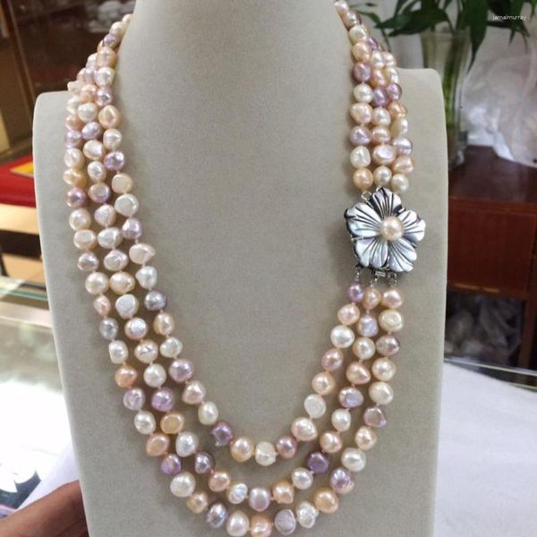 Halsband, 3-reihig, 8–9 mm, barock, weiß, rosa, lila, mehrfarbige Süßwasserperlen-Halskette, 43,2–48,3 cm, Verschluss mit Muschelblumen