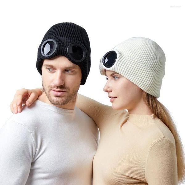 Berets chapéu de malha com vidro à prova de vento mulheres homens gorro chapéus grosso lã quente crochê óculos de esqui para crânios casuais bonés