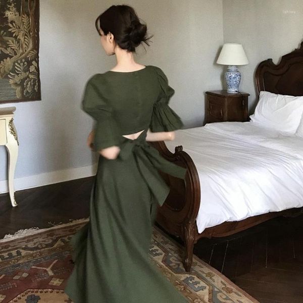 Saias Instagram Blogger Estilo Sul da França Manor Romântico Pescoço Quadrado Manga Trompete Halter Bow Lace-up Top Saia