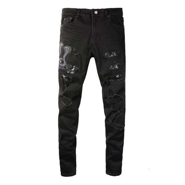 Jeans da uomo Jeans da uomo con toppe di serpente nere invecchiate Jeans italiani con fori danneggiati dal gocciolamento Jeans strappati elasticizzati slim fit 230827