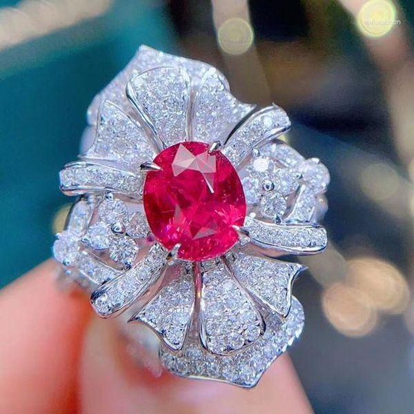 Кластерные кольца HN2023 Fine Jewelry Real 18k Gold Burma Natural Lotus Spinel Gemstones 1.59ct Diamonds Женский юбилей подарок