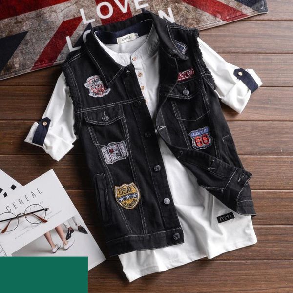 Idopy Mode Heren Denim Vest Punk Ripped Distressed Party Slim Fit Patchwork Jean Jas Heren Mouwloos Vest Voor Mannen 230826