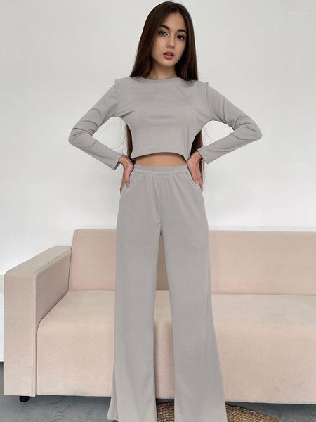 Indumenti da notte da donna Hiloc Grigio a costine in set coordinati Maniche lunghe Crop Top Donna Pigiama a vita alta lavorato a maglia Set 2023 Autunno