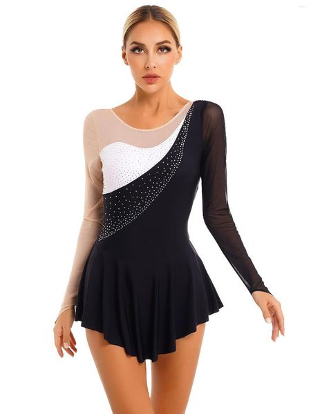 Abbigliamento da palco Donna Pattinaggio di figura Abito da pattinaggio su ghiaccio Strass lucidi Maglia maniche lunghe Balletto Danza lirica Ginnastica Body da ballo Dancewear