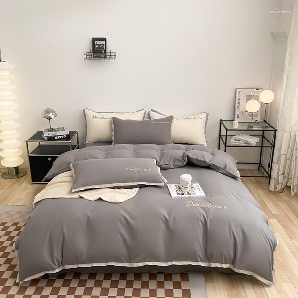 Yatak takımları saf pamuklu düz renkli üç parçalı set dört yorgan kapağı yatak tabakası yastık mandalina gri