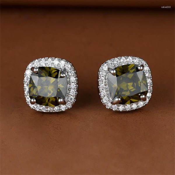 Brincos de parafuso prisioneiro corte almofada verde oliva pedra geométrica para mulheres cor prata quadrado orelha studs zircão casamento mãe festa jóias