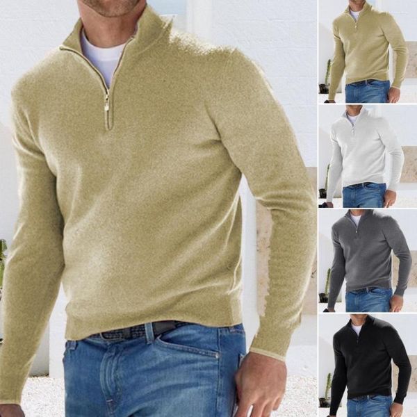 Suéter masculino primavera top v pescoço zíper gola sólida cor quente pulôver elástico casual camisa blusa moletom