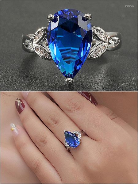 Anéis de cluster moda folha azul cristal safira pedras preciosas diamante para mulheres branco ouro prata cor jóias bijoux bague acessório presente