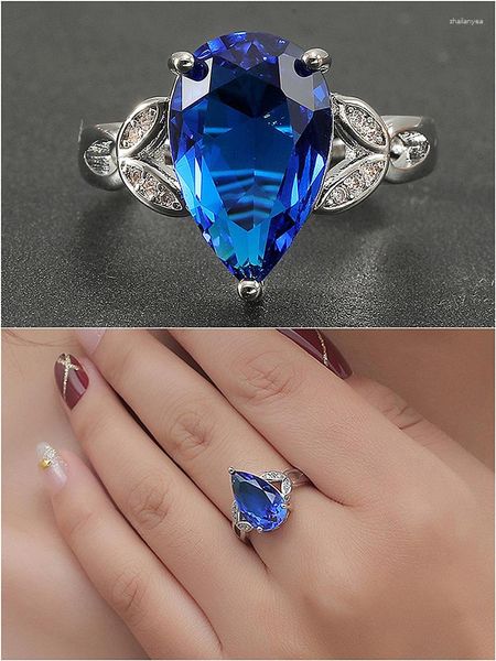 Anelli a grappolo Foglia di moda Cristallo blu Pietre preziose di zaffiro Diamante per le donne Oro bianco Gioielli in argento Colore Bijoux Bague Accessorio regalo