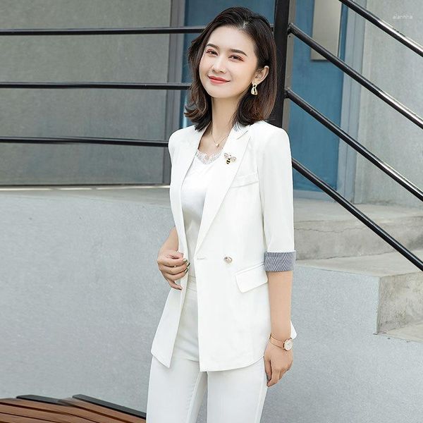 Calças femininas de duas peças terno profissional branco macacão de comprimento médio vendas joalheria versátil jaqueta de manga 3/4
