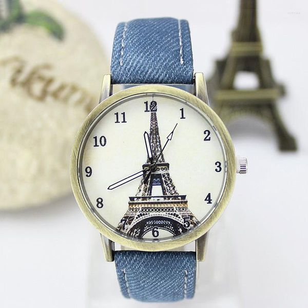 Orologi da polso Torre Eiffel Orologi da donna Jean Leather Retro Color Bronzo Orologio da donna Moda Studenti da polso