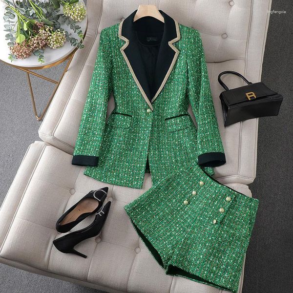 Tute da donna Donna Inverno Autunno Tweed Set da 2 pezzi Cappotto scozzese Colletto rovesciato Manica lunga Bottone Vita alta Pantaloni corti Abito Chic