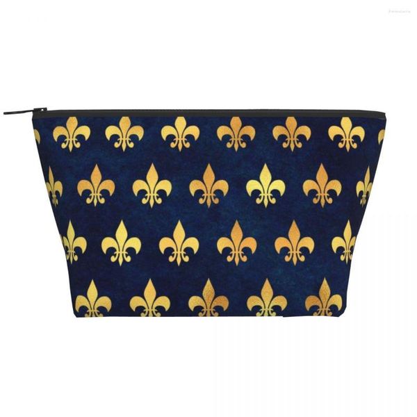 Kosmetiktaschen Royal Gold Blue Grunge Fleur de Lis Kulturbeutel Frauen Lilie Blume Make-up Organizer Damen Schönheit Aufbewahrung Dopp Kit Box