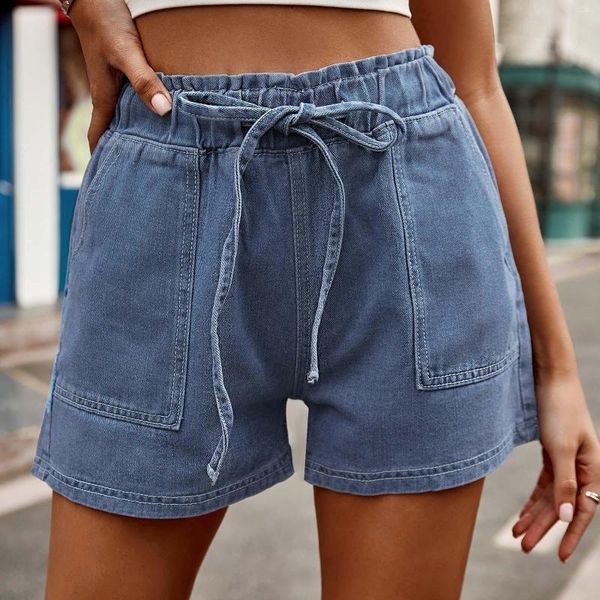 Calças de brim femininas fenda hem rua personalidade casual moda lavagem água denim calças cintura elástica cordão bud shorts