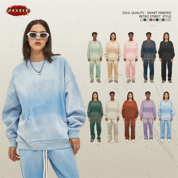 Moletom com capuz feminino ZODF Retro Inverno 360gsm Lavado Fleece Moletons para Homens Mulheres Unissex Oversized Rasgado O-pescoço Pulôveres Casacos HY0640 230826