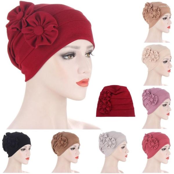 Ethnische Kleidung Damen Hüte Frühling Sommer seitlich zwei Blumen Beanie Hut Muslim Stretch Turban Cap Haarausfall Kopfbedeckung Hijib – 8 Farben