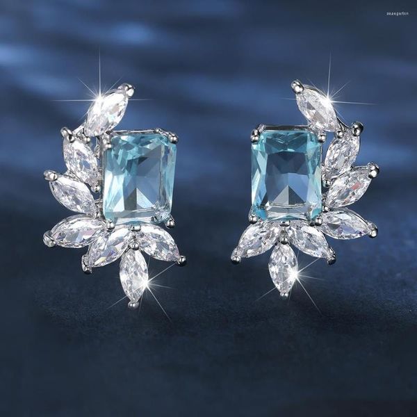 Ohrstecker Trendy Lake Blue Rechteck Stein Blume Für Frauen Silber Farbe Luxus Pferd Auge Zirkon Hochzeit Ohrstecker Schmuck