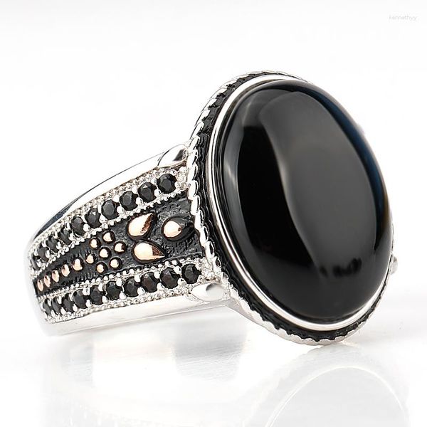 Anéis de cluster Real 925 Sterling Silver Homens Anel com Oval Preto Ágata Pedra CZ Vintage Turco para Mulheres Masculinas Jóias Presente