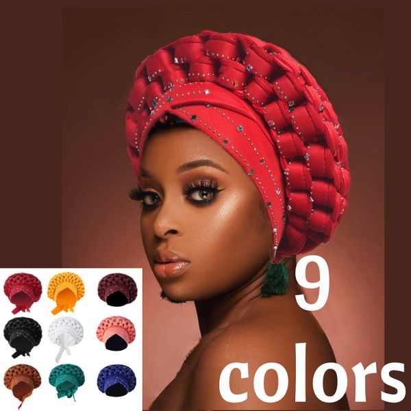 Berretti Beanie/Teschio Trecce esagerate Berretto turbante Paillette africane Avvolgere la testa Diamanti Nigeria Auto Gele Copricapo Festa di nozze Copricapo Hijab musulmano 230826