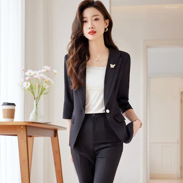 Calças femininas de duas peças de manga média pequeno terno jaqueta moda casual design sentido nicho primavera e verão negócios formal wear temp