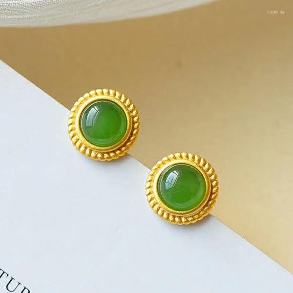 Gli orecchini a bottone Il temperamento sono semplici placcati con oro smerigliato 24K giallo imitazione verde calcedonio agata femminile