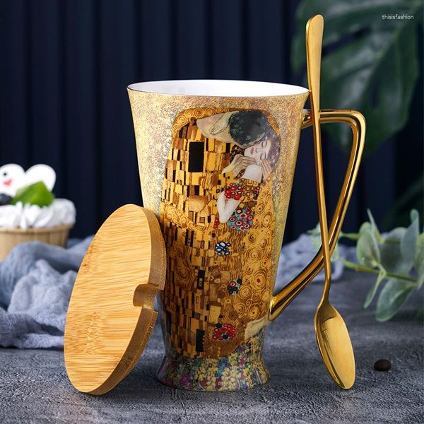 Canecas Osso China Caneca de Café Gustav Klimt Xícaras de Chá com Tampa e Colher Grande Capacidade Cerâmica Drinkware Decoração de Casa