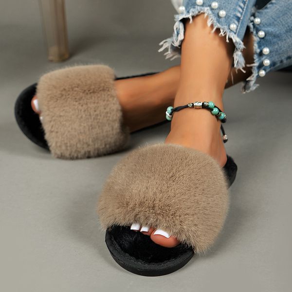 Chinelos Lucyever Outono Inverno Faux Fur Chinelos Mulheres Casa Não Deslizamento Fluffy Plana Slides Mulher Ao Ar Livre Sola Macia Sandálias de Pelúcia Feminina 230826