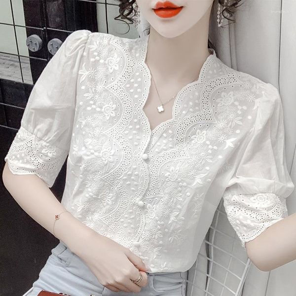 Blusas masculinas moda verão mulher branco bordado blusa de algodão 2023 elegante doce elegante camisas ocas tops manga curta blusas