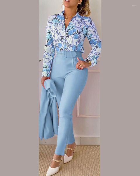 Pantaloni da donna manica a vita alta due pezzi set pantaloni casual da donna da ufficio abiti camicia da donna elegante moda scollo a V stampa floreale lunga
