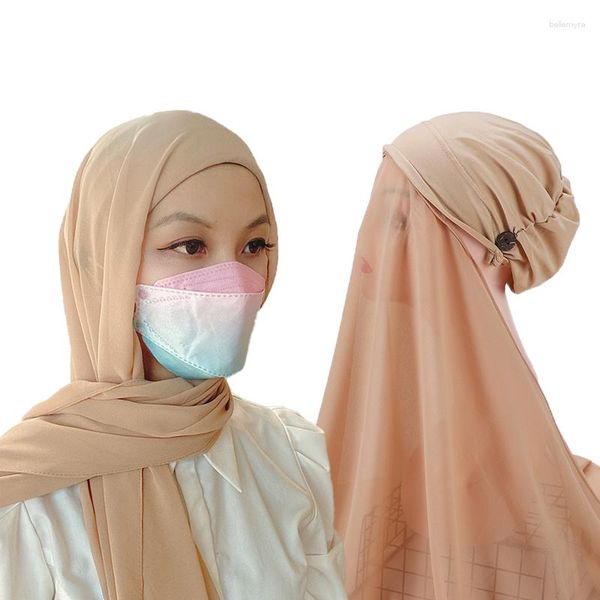 Ethnische Kleidung Beige Instant Hijabs Damen Motorhaube mit Chiffon-Schalknöpfen Einfach zu tragende Maskenmütze