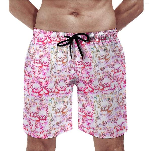 Herren-Shorts, rosa Tiger, Gesichtsbrett, abstrakte Tierkunst, Vintage-Strand, kurze Hosen, Herren-Design, Sportbekleidung, bequeme Badehose