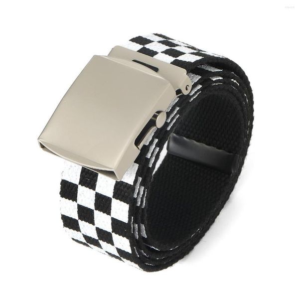 Cinture Cintura in tela scozzese bianca e nera all-match Fibbia ad ardiglione in lega di moda Nylon resistente all'usura per uomo Cintura di tendenza giovanile