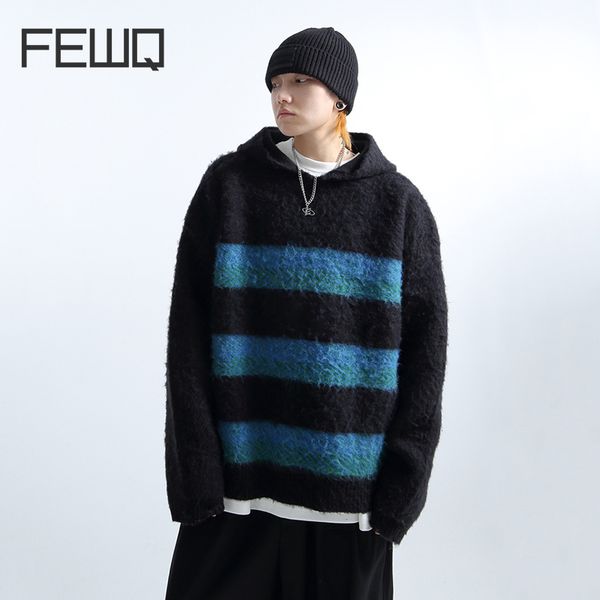 Felpe con cappuccio da uomo Felpe FEWQ Maglione con cappuccio in misto lana a righe 2023 A righe con cappello Top casual da uomo Moda coreana Autunno Inverno 24X1395 230826