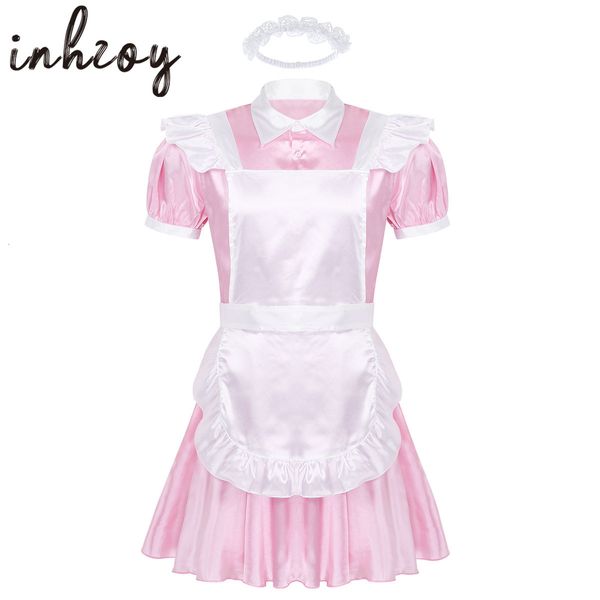 Thema Kostüm Herren Sissy Maid Cosplay Kostüm Puffärmel Rüschen Satin Französisch Schürze Dienstmädchen Diener Kleid Set Rollenspiel Babydoll Kleid mit Schürze 230826