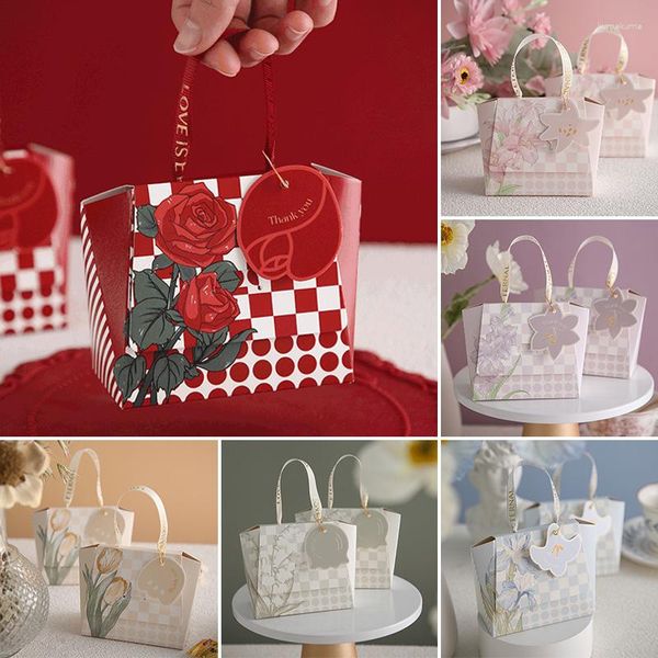 Envoltório de presente obrigado casamento favor caixa de doces embalagem com alça tag requintado impresso xadrez caixas de papel presente de festa