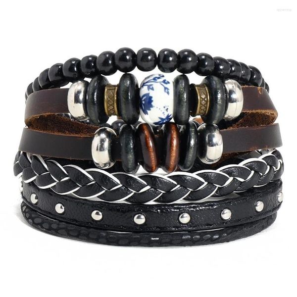 Armreif 3 teile/satz Vintage Holz Perlen Armbänder Männer Mode Schwarz Rindsleder Armband Armreifen Multilayer Wrap Weben Schmuck Geschenke